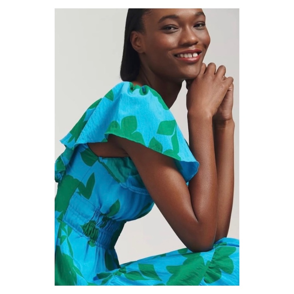 Anthropologie Blue & Green Floral Tiered Midi Dress - Picture 5 of 14